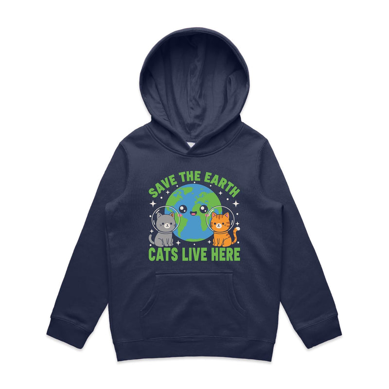 Save The Earth, Cats Live Here Kids AS Colour Hoodie Midnight Blue Kids Hoodie animal Environment Printed In Australia