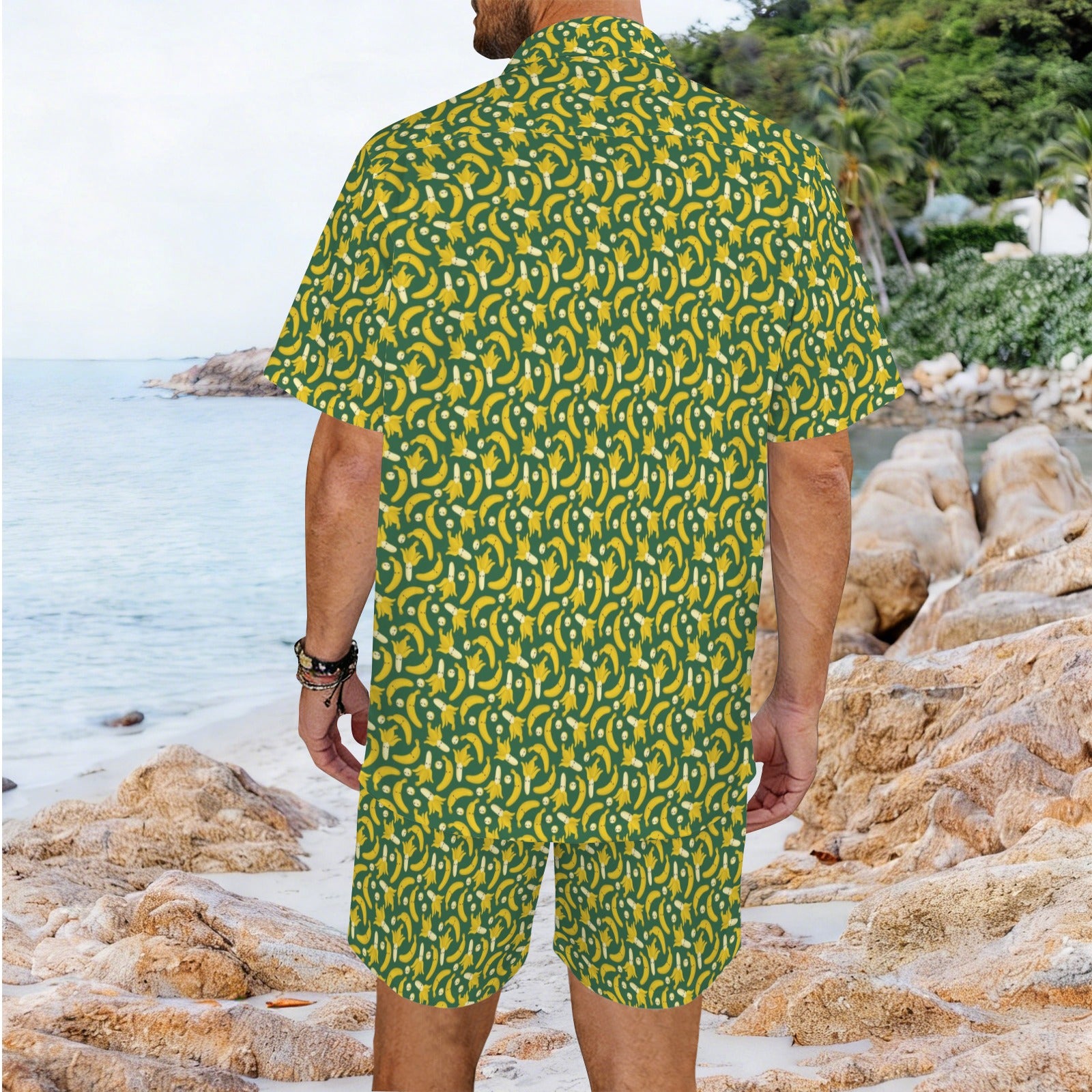 Happy Bananas Men's Hawaiian Shirt & Shorts Set Men's Hawaiian Shirt & Shorts Set Food Printed Offshore