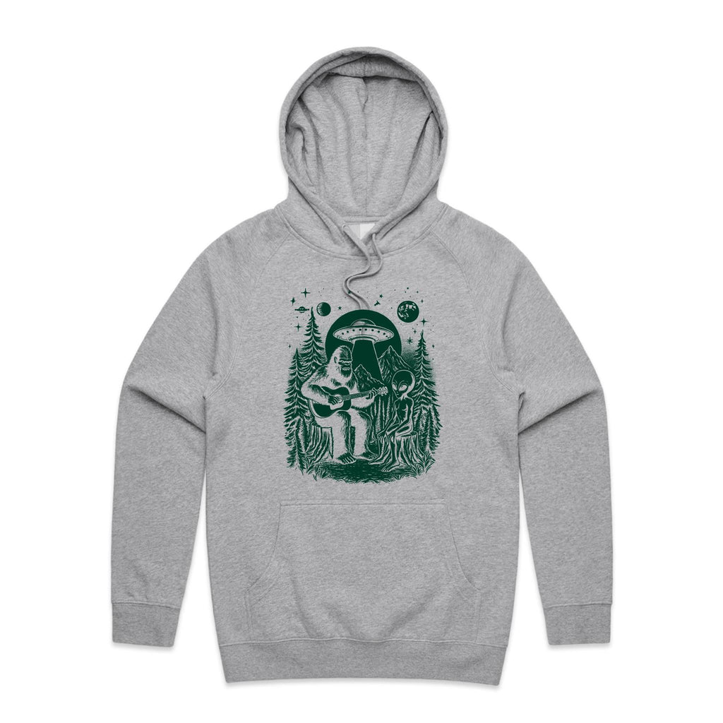 Alien And Bigfoot Playing Guitar - Mens Hoodie Grey Marle Mens Hoodie Music Printed In Australia Sci Fi