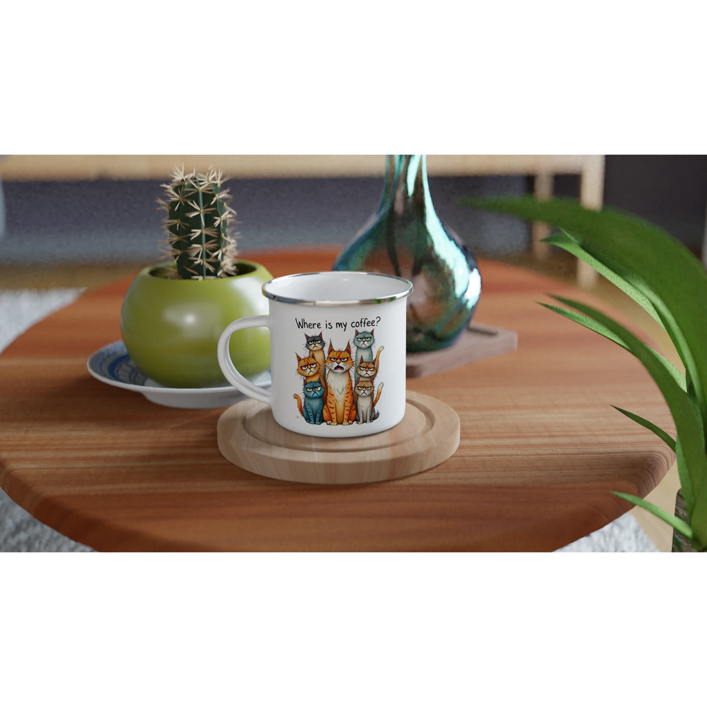Where Is My Coffee, Cranky Cats - White 12oz Enamel Mug Enamel Mug animal Coffee Globally Fulfilled