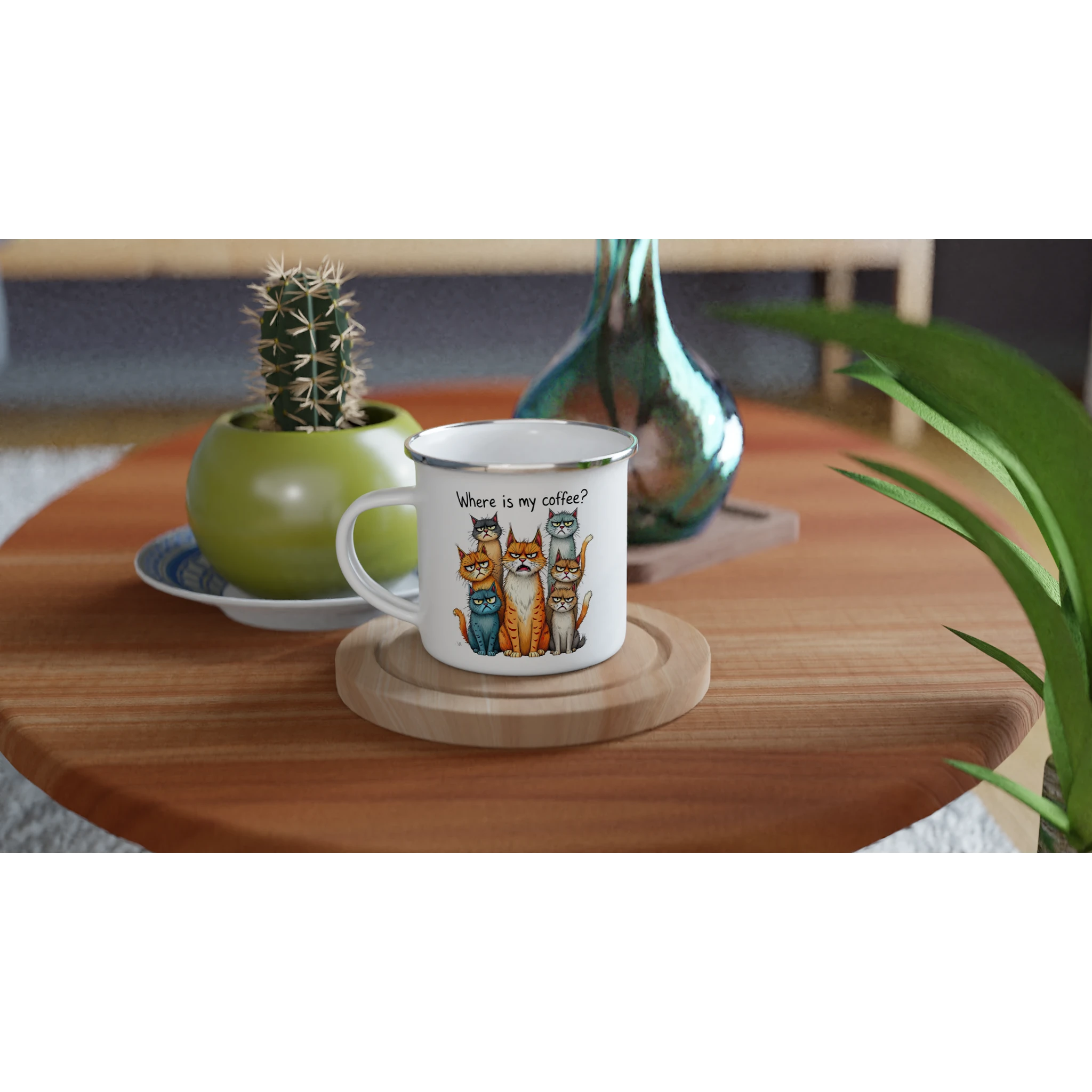 Where Is My Coffee, Cranky Cats - White 12oz Enamel Mug Enamel Mug animal Coffee Globally Fulfilled