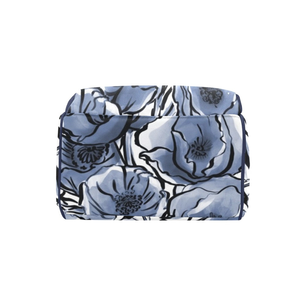 Blue And White Floral - Multi-Function Backpack, Nappy / Diaper Bag