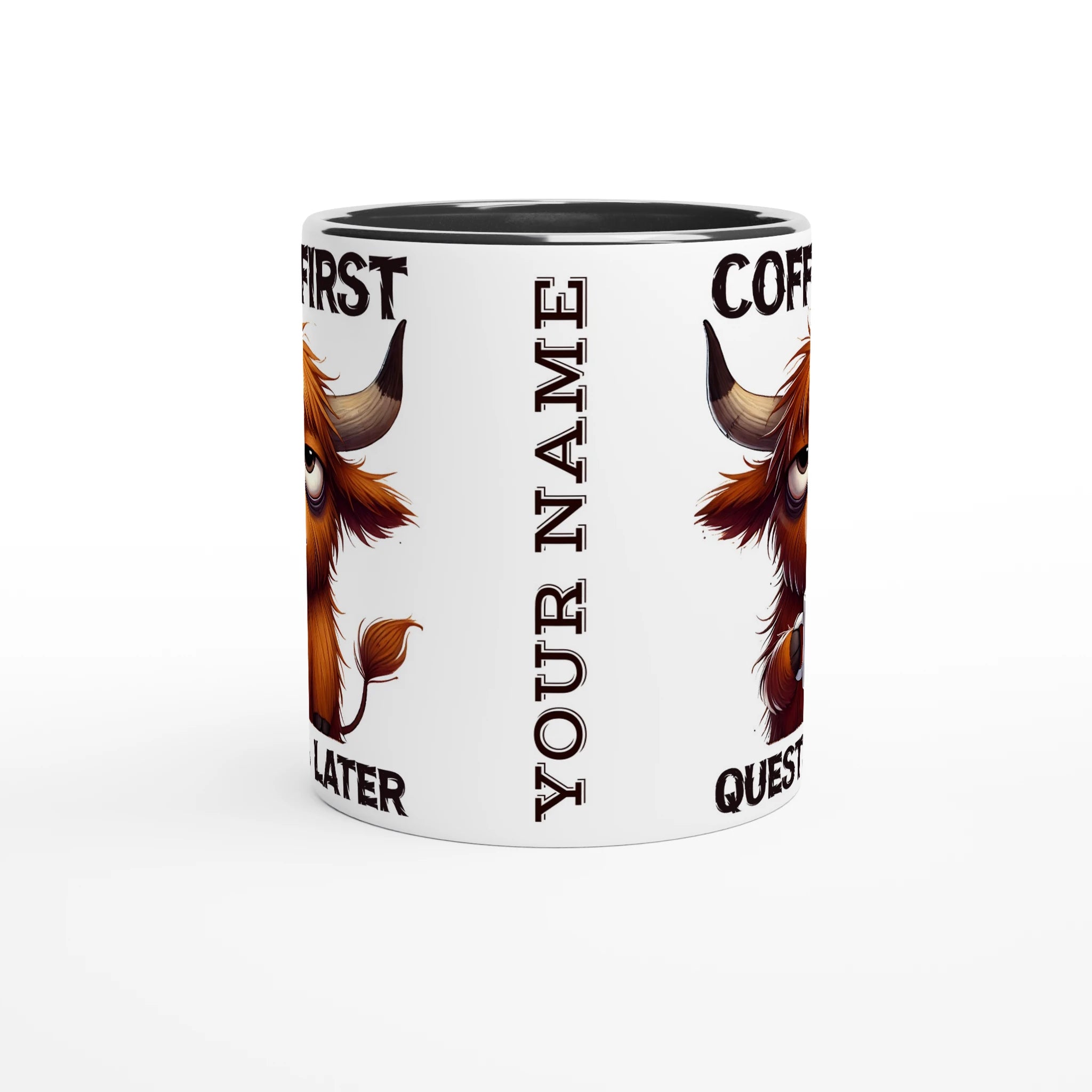 Personalise - Coffee First, Questions Later, Highland Cow - 11oz Ceramic Mug Personalised 11oz Mug animal Coffee Globally Fulfilled