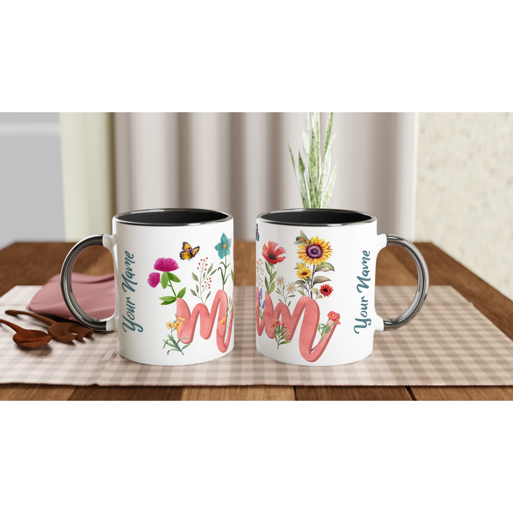 Personalised Mum With Flowers And Butterflies 11oz Ceramic Mug Ceramic Black Personalised 11oz Mug Globally Fulfilled Mum