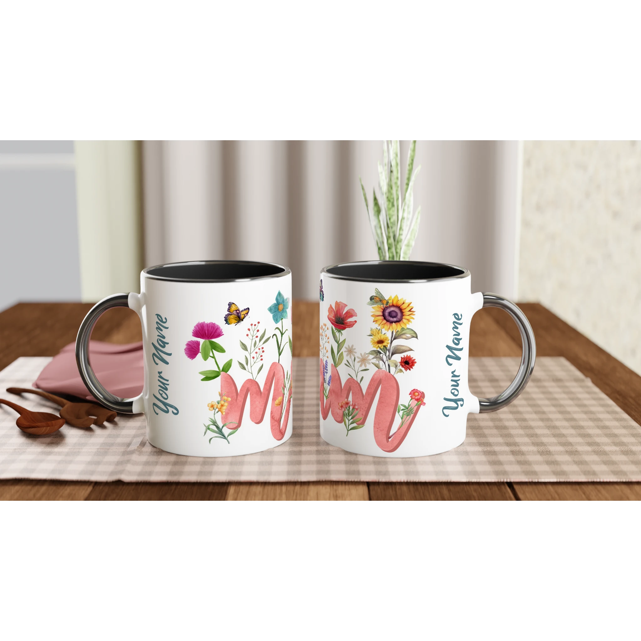 Personalised - Mum With Flowers And Butterflies - 11oz Ceramic Mug Ceramic Black Personalised 11oz Mug Globally Fulfilled Mum