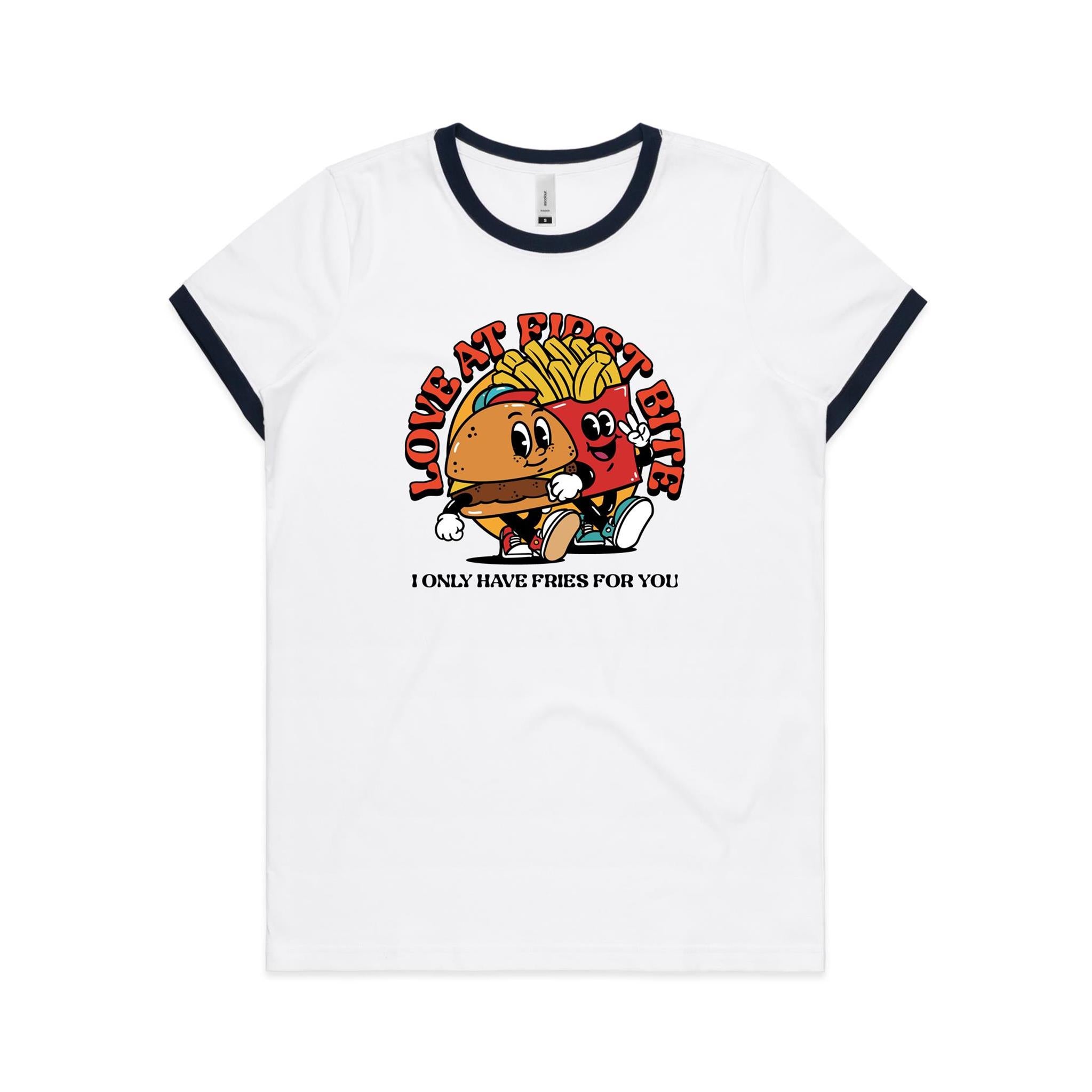 Love At First Bite, Hamburger And Fries - Women's Ringer Tee White Navy Womens Ringer T-shirt Food Love Printed In Australia