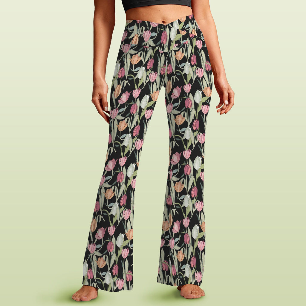 Tulips High Waist Crossover Tummy Control Flare Leggings 5XL High Waist Flare Leggings Plants Printed Offshore