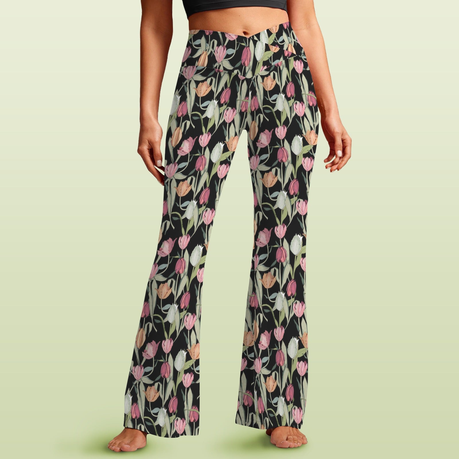 Tulips High Waist Crossover Tummy Control Flare Leggings 5XL High Waist Flare Leggings Plants Printed Offshore