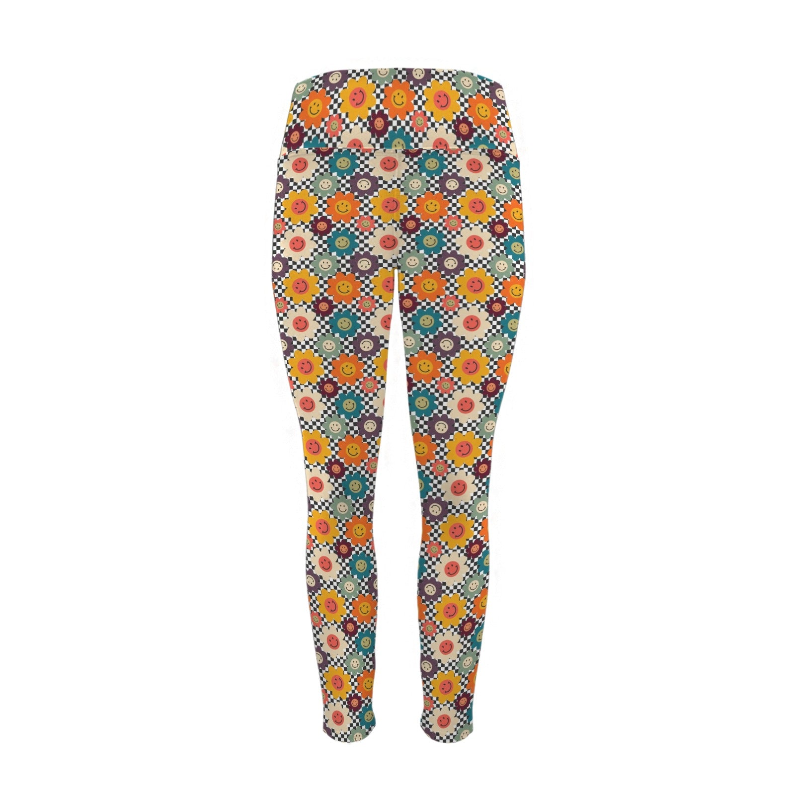Happy Retro Flowers - Women's High Waist Pockets Yoga Leggings