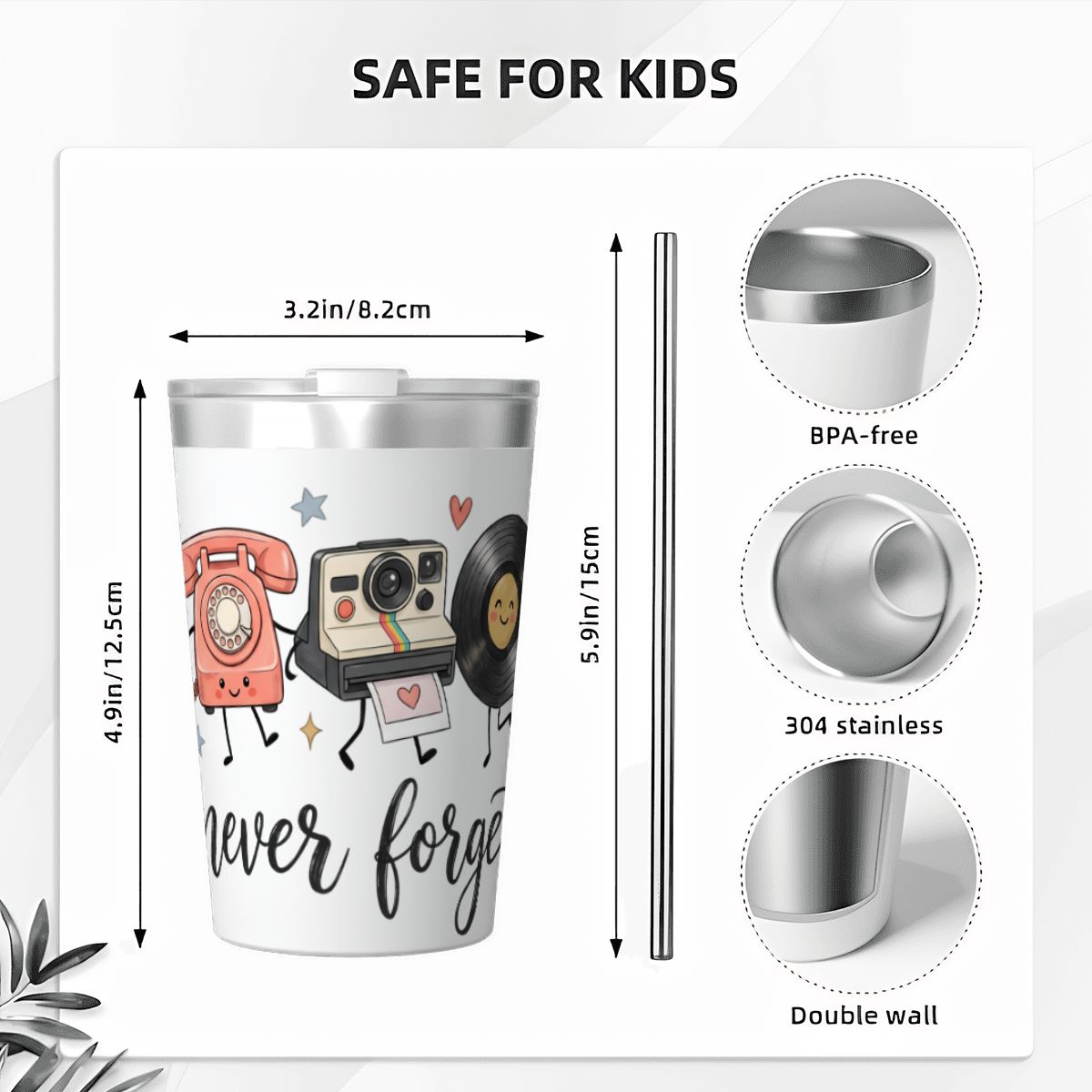 Never Forget Retro Small Stainless Steel Travel Mug Cup 12oz/350ml
