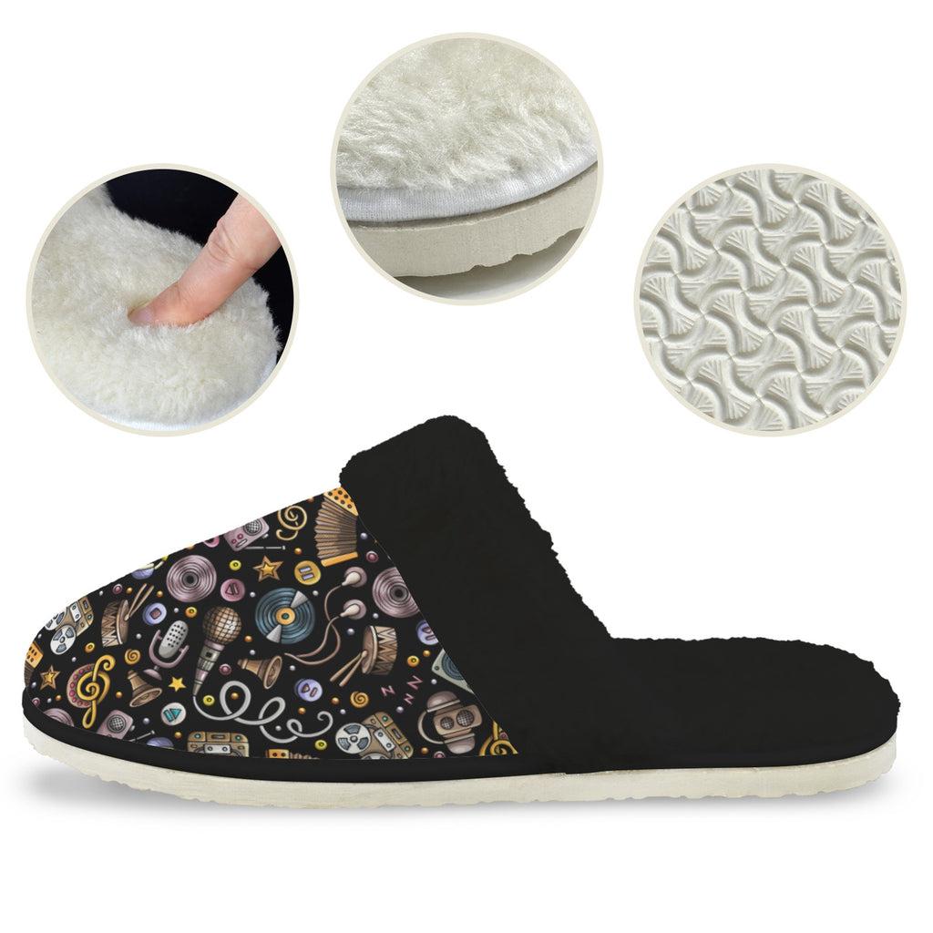 Retro Music Mix Men's Fur Trim Thick-Sole Indoor Slippers Men's Fur Trimmed Slippers Music Printed Offshore