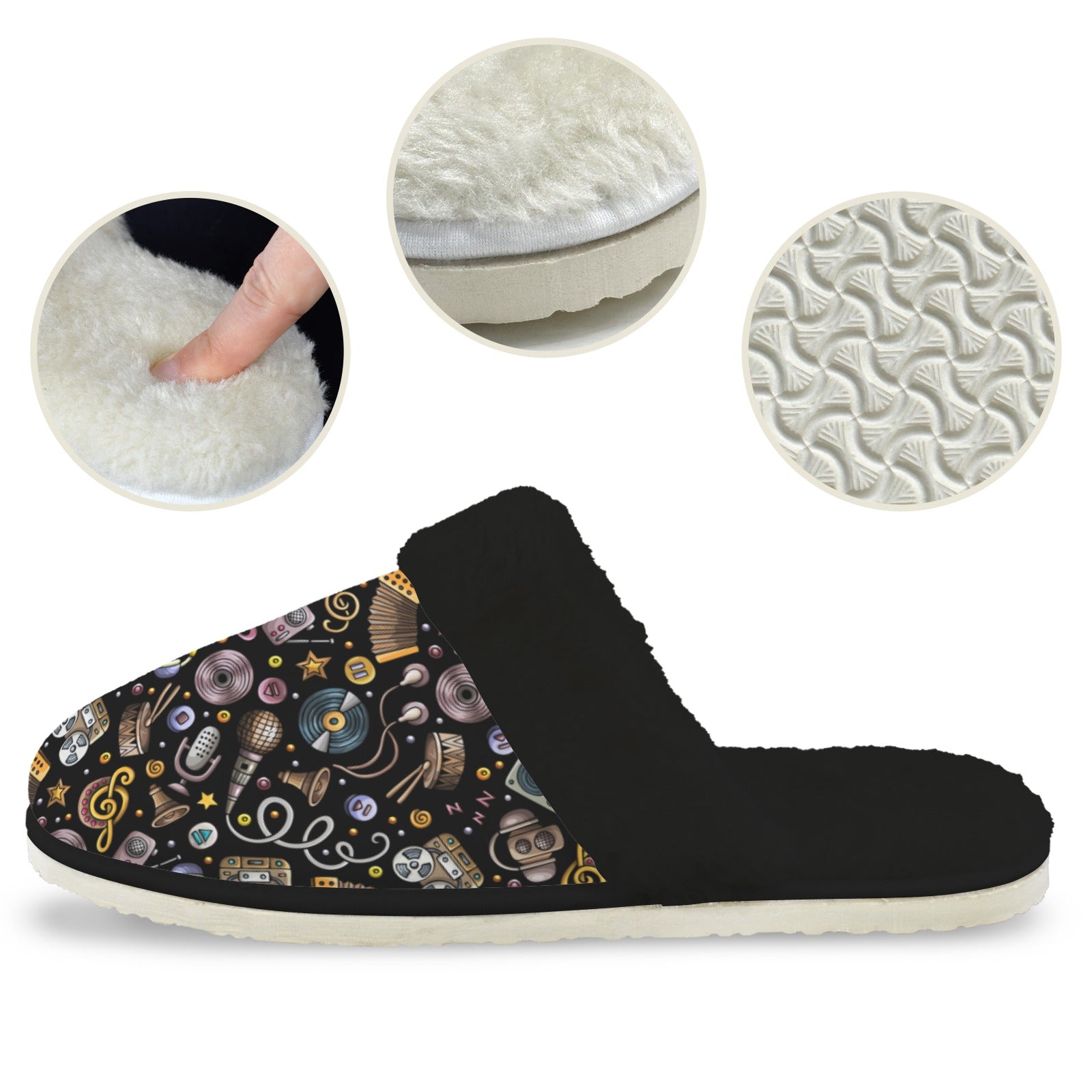 Retro Music Mix Men's Fur Trim Thick-Sole Indoor Slippers Men's Fur Trimmed Slippers Music Printed Offshore