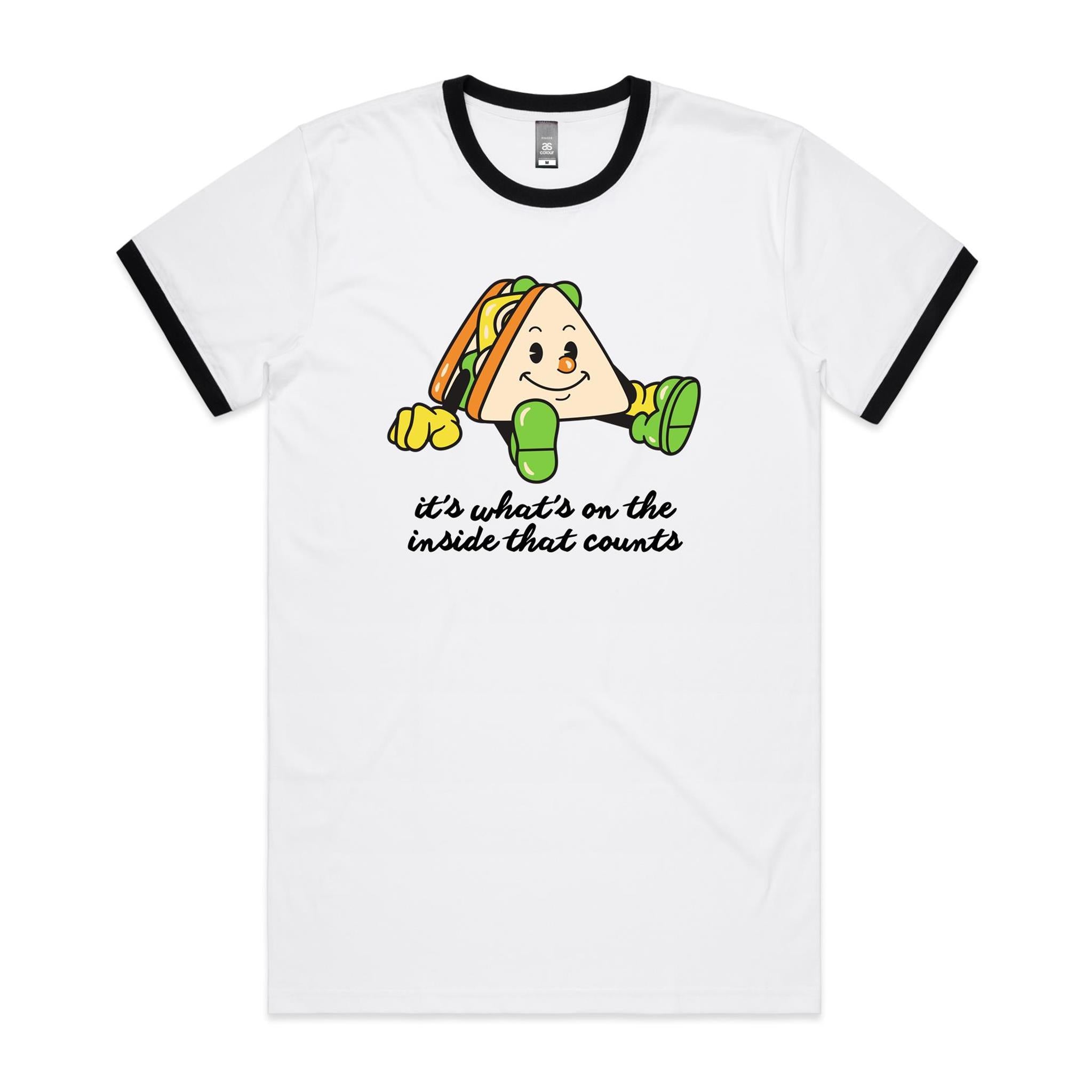 Sandwich, It's What's On The Inside That Counts - Staple Ringer Tee White Black Ringer T-Shirt Food Positivity Printed In Australia