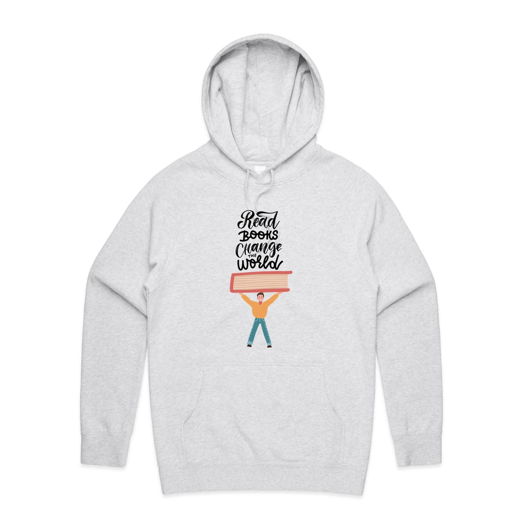Read Books, Change The World - Mens Hoodie White Marle Mens Hoodie Printed In Australia Reading