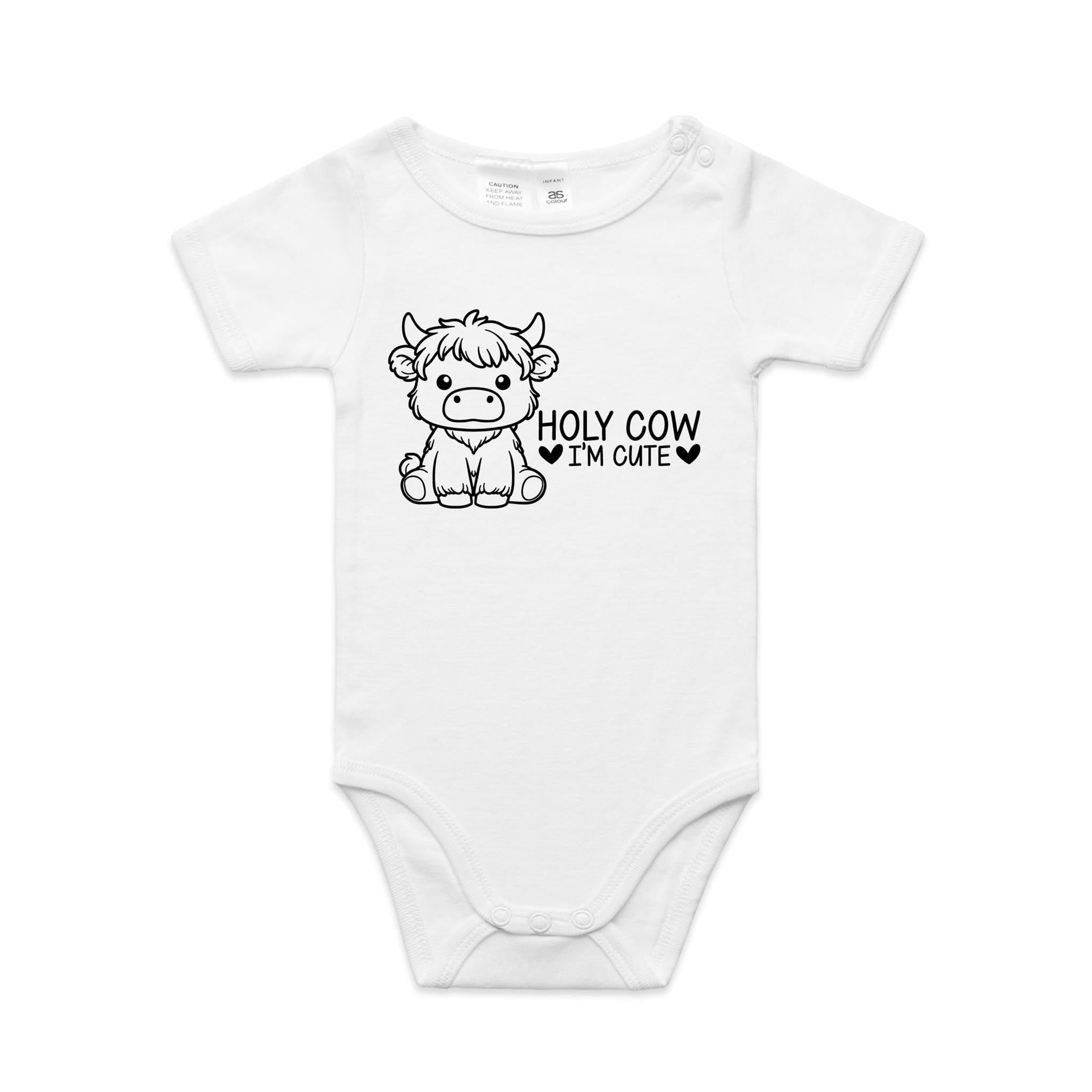 Holy Cow I'm Cute, Highland Cow AS Colour Baby Bodysuit White Baby Bodysuit Printed In Australia