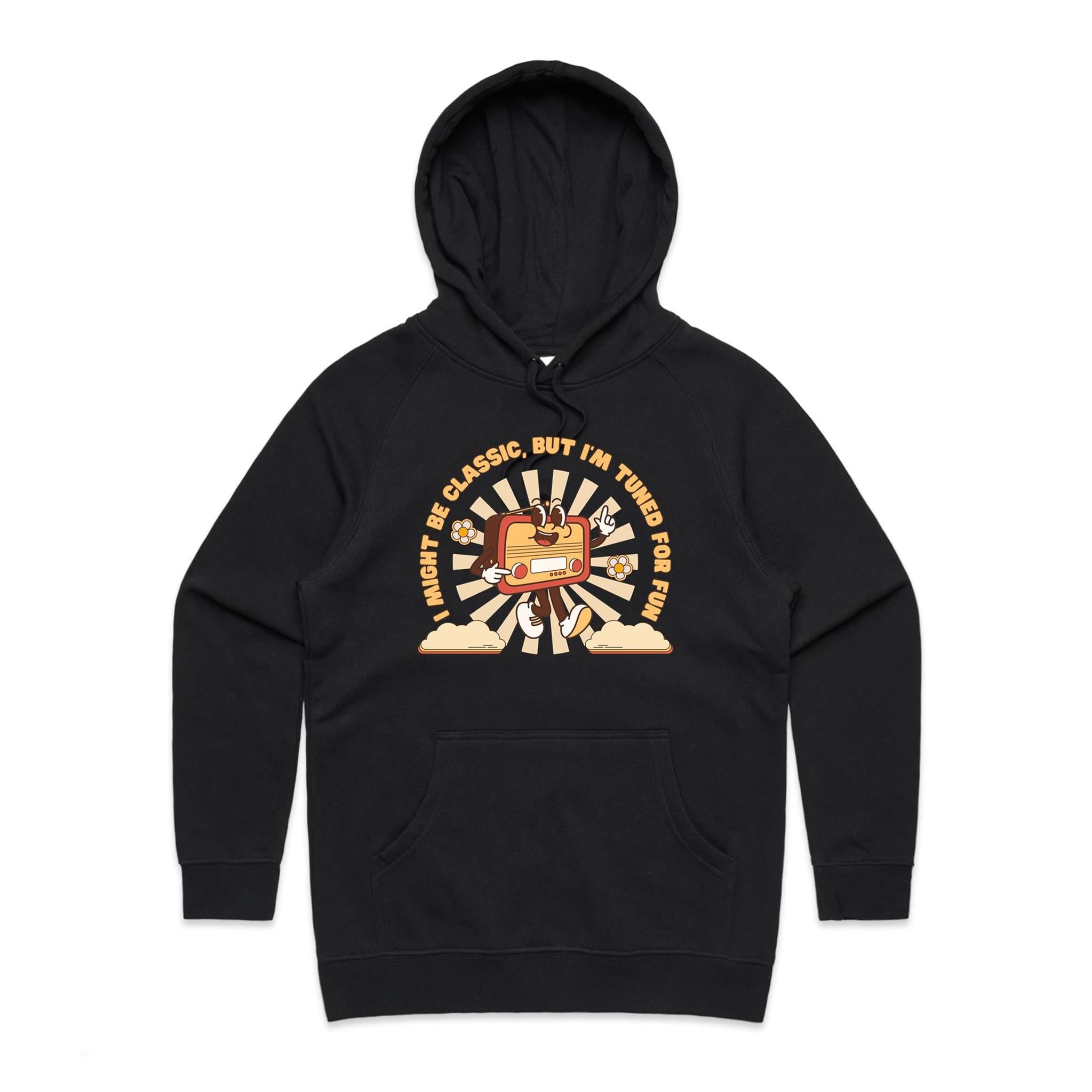 I Might Be Classic But I'm Tuned For Fun - Womens Hoodie Black Womens Hoodie Music Printed In Australia Retro