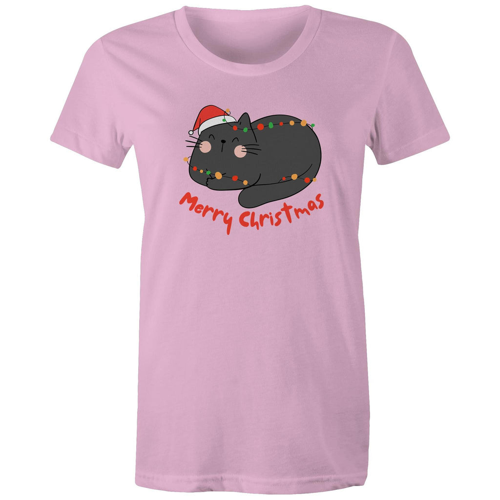 Merry Christmas Cat - Womens T-shirt Pink Womens Christmas T-shirt Christmas Printed In Australia