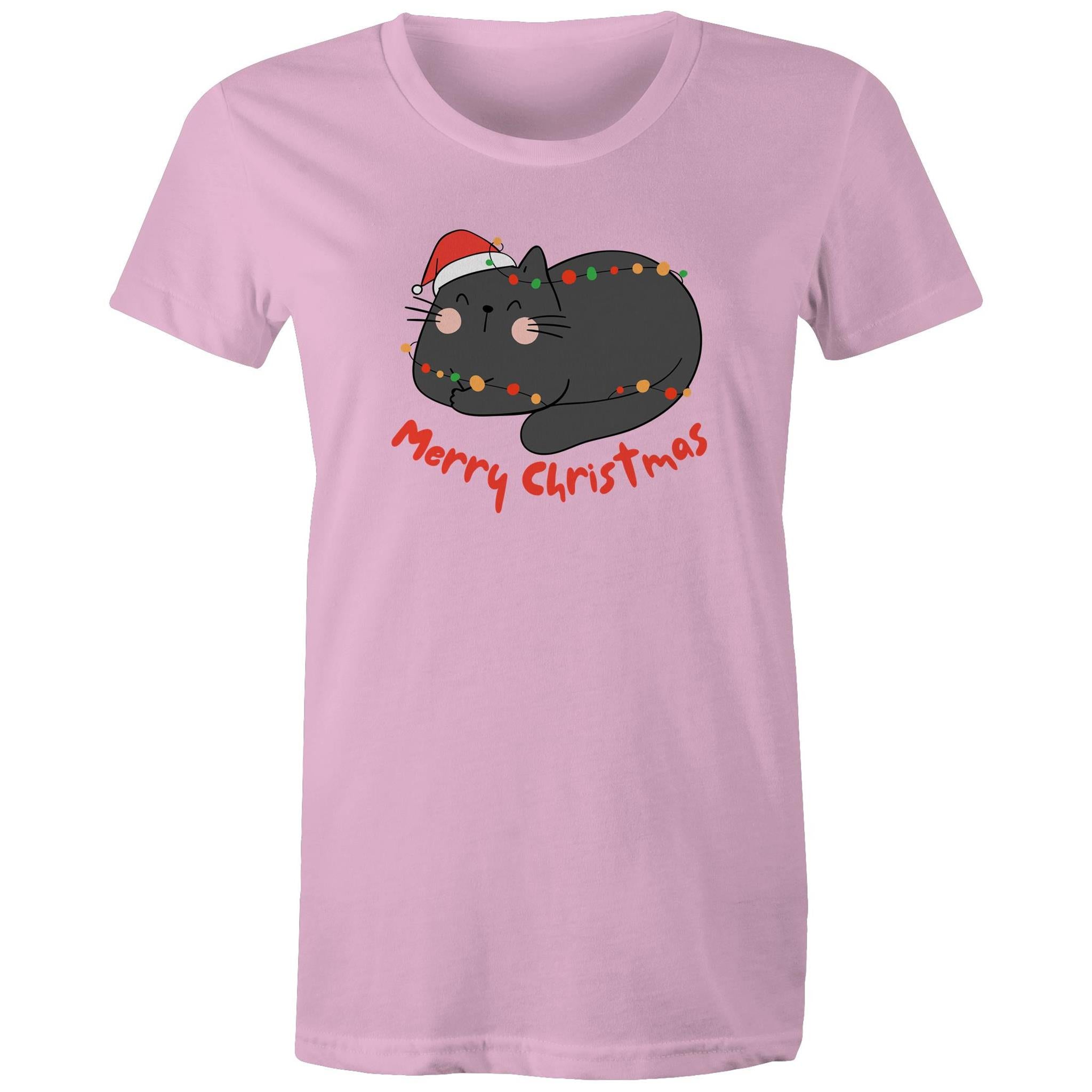 Merry Christmas Cat - Womens T-shirt Pink Womens Christmas T-shirt Christmas Printed In Australia