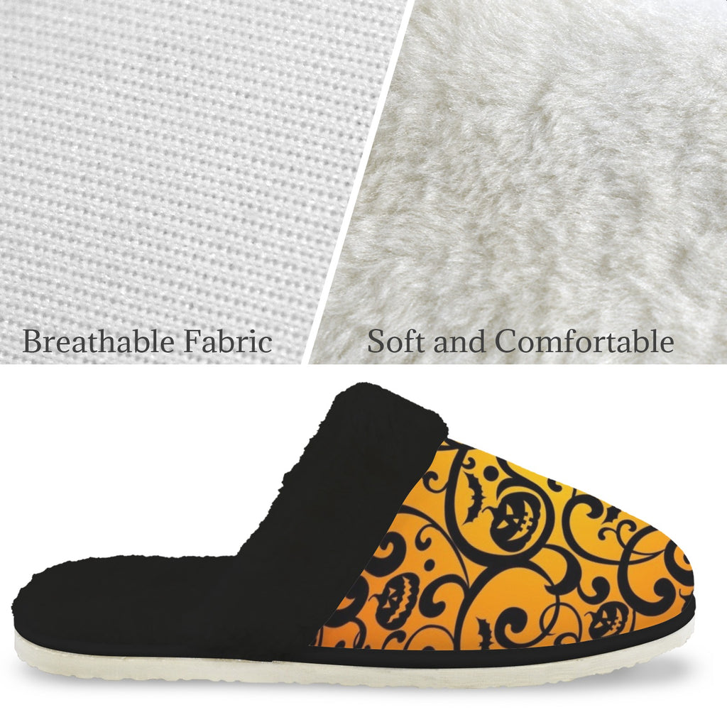 Halloween Women's Fur Trim Thick-Sole Indoor Slippers Women's Fur Trimmed Slippers Halloween Printed Offshore