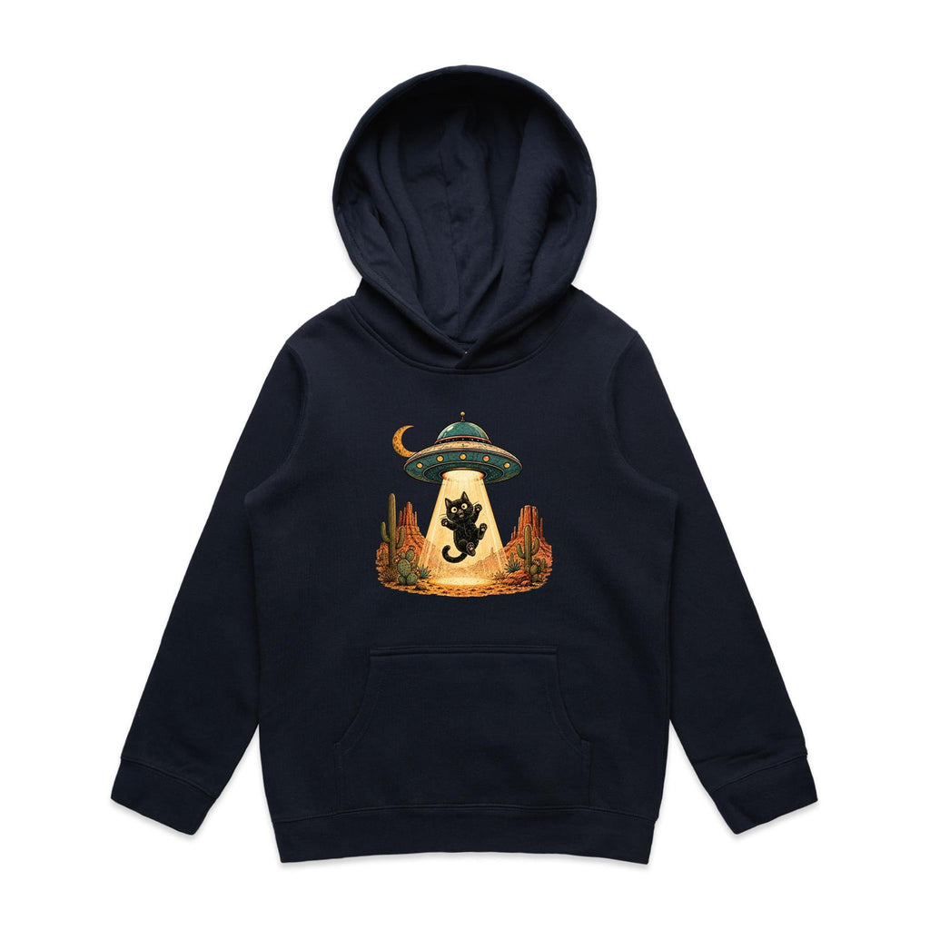 Black Cat Alien UFO Abduction Kids AS Colour Hoodie