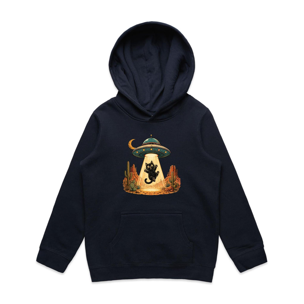 Black Cat Alien UFO Abduction Kids AS Colour Hoodie