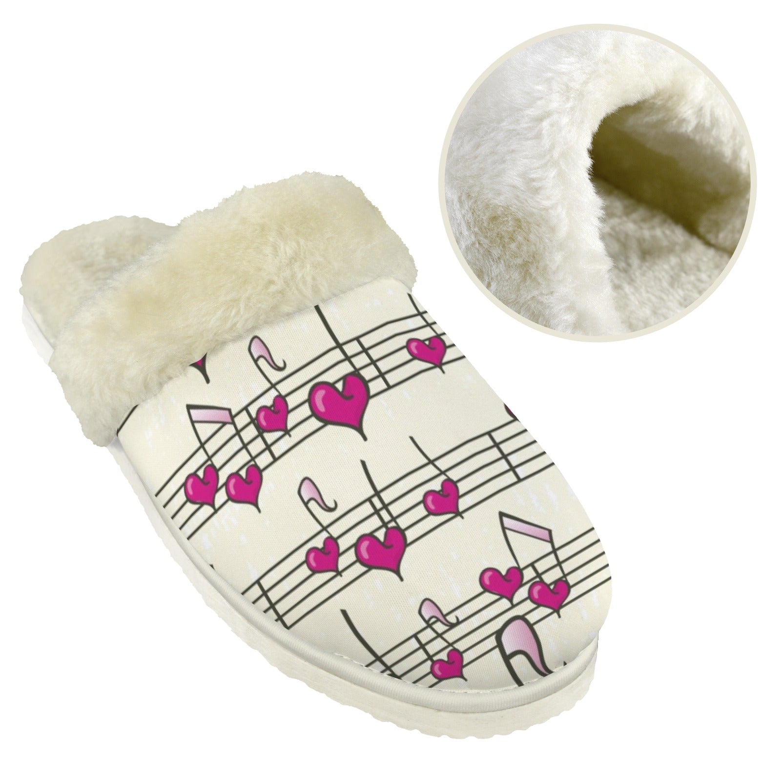 Pink Heart Music Notes Women's Fur Trim Thick-Sole Indoor Slippers Women's Fur Trimmed Slippers Music Printed Offshore