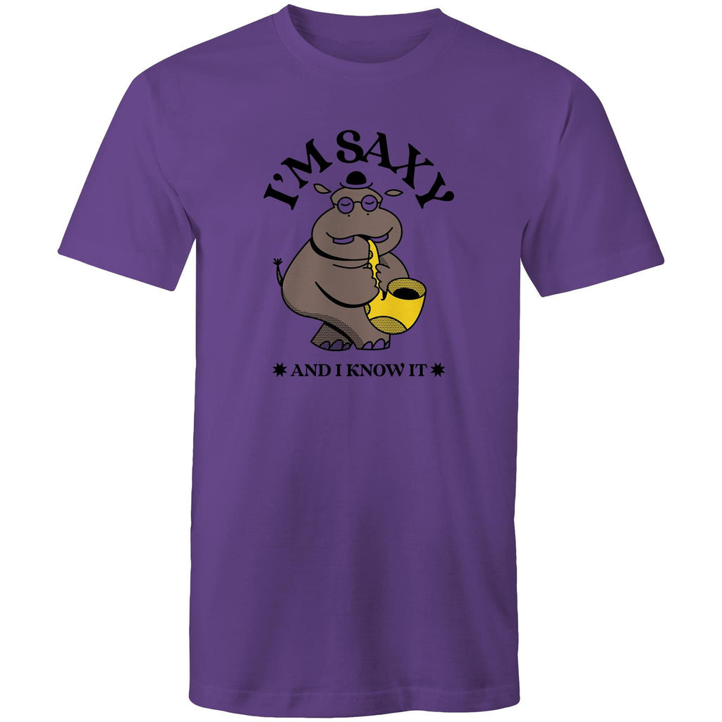 I'm Saxy And I Know It, Saxophone Hippo - Mens T-Shirt Purple Mens T-shirt animal Music Printed In Australia