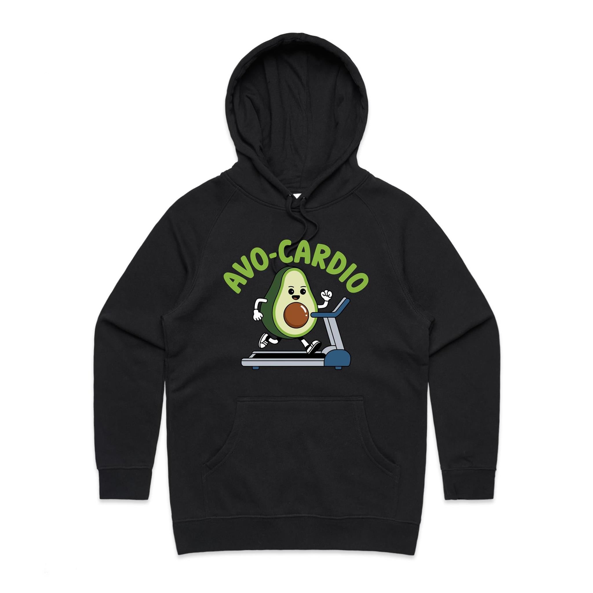 Avo-Cardio, Avocado Treadmill - Womens Hoodie Black Womens Hoodie Fitness Food Printed In Australia