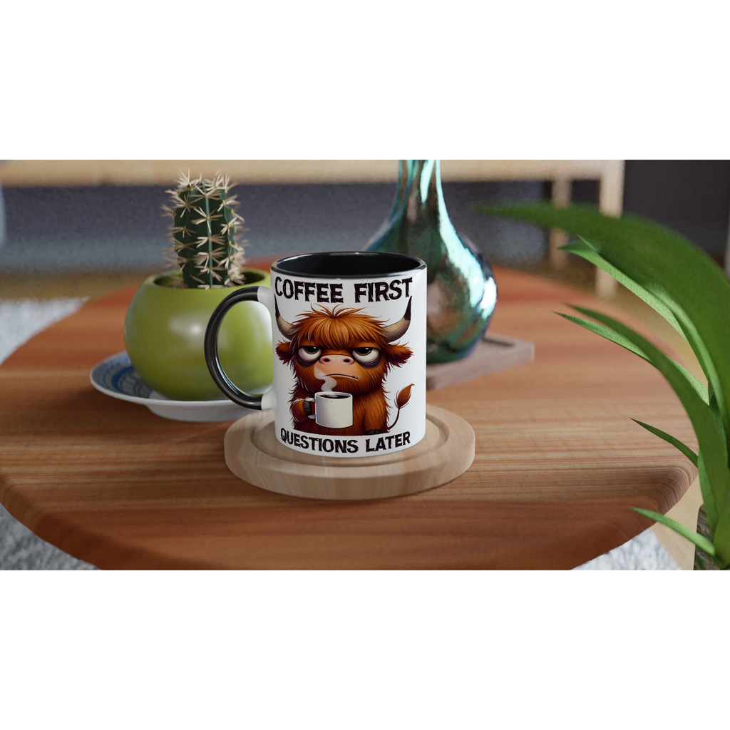 Personalise - Coffee First, Questions Later, Highland Cow - 11oz Ceramic Mug Personalised 11oz Mug animal Coffee Globally Fulfilled