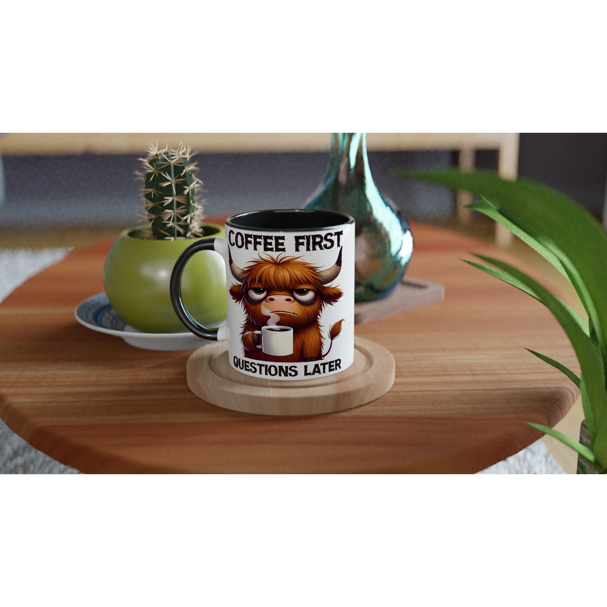 Personalise - Coffee First, Questions Later, Highland Cow - 11oz Ceramic Mug Personalised 11oz Mug animal Coffee Globally Fulfilled