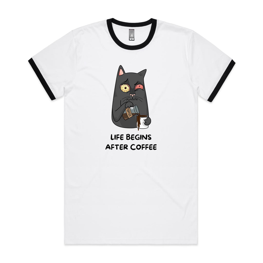 Life Begins After Coffee - Staple Ringer Tee White Black Ringer T-Shirt Coffee Printed In Australia