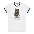 Life Begins After Coffee - Staple Ringer Tee White Black Ringer T-Shirt Coffee Printed In Australia