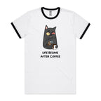 Life Begins After Coffee - Staple Ringer Tee White Black Ringer T-Shirt Coffee Printed In Australia