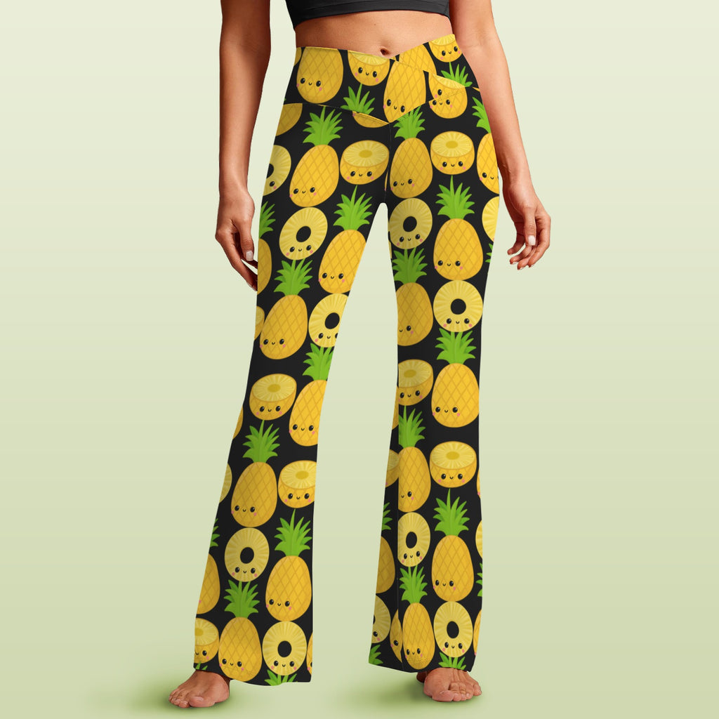 Happy Pineapples High Waist Crossover Tummy Control Flare Leggings 5XL High Waist Flare Leggings Food Printed Offshore