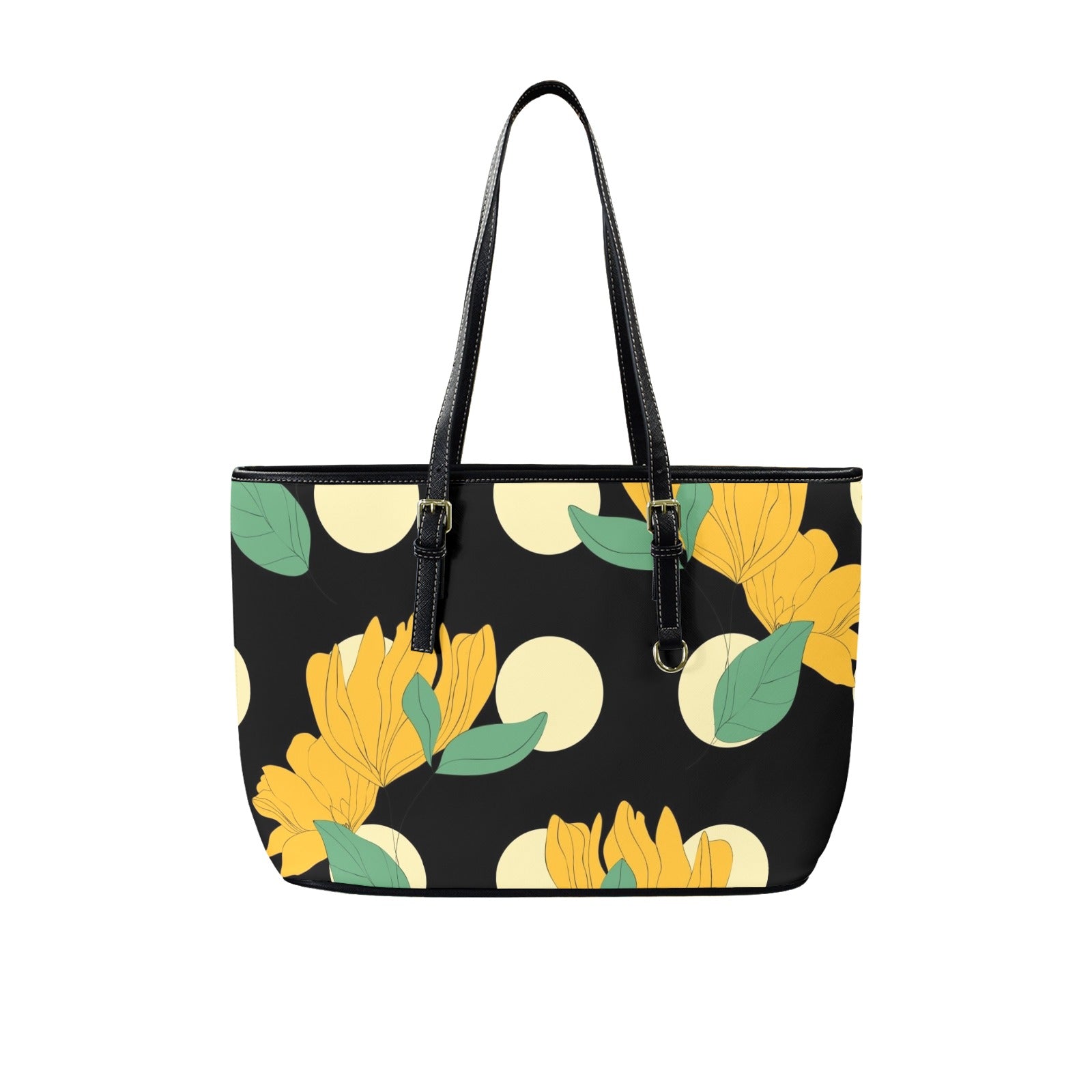 Yellow Flowers And Dots - Leather Tote Bag-Large