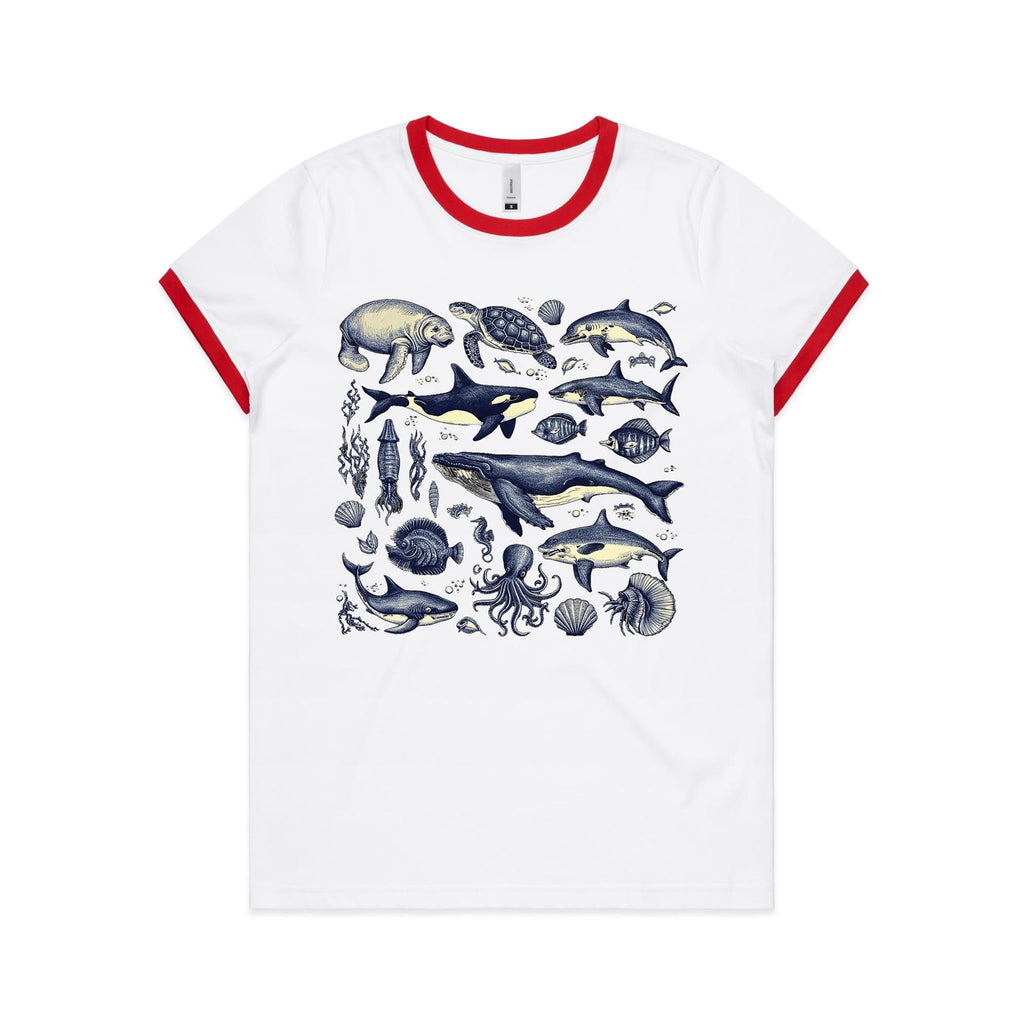 Sea Creatures - Women's Ringer Tee White Red Womens Ringer T-shirt animal Printed In Australia