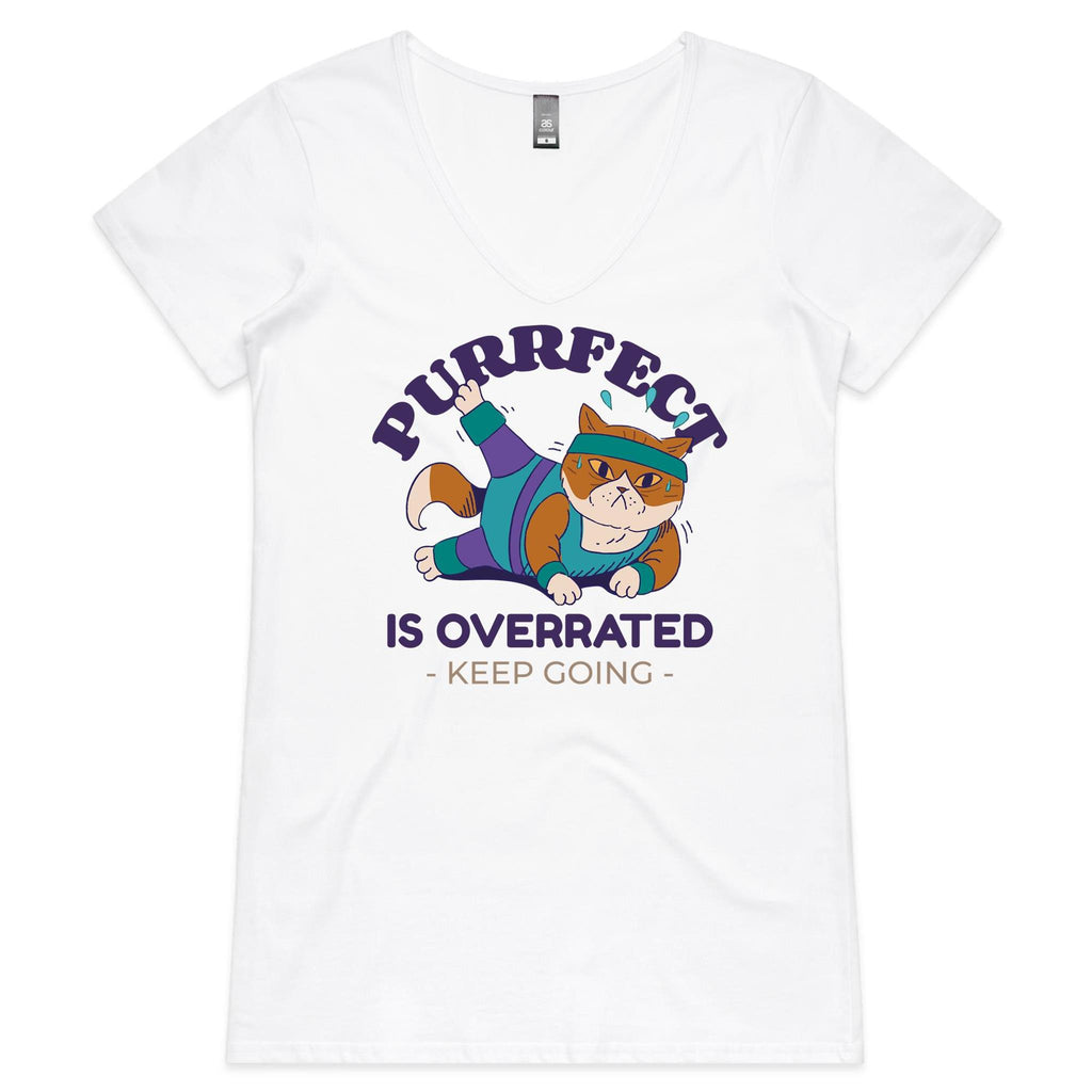 Purrfect Is Overrated, Fitness Cat - Womens V-Neck T-Shirt White Womens Active V-Neck T-shirt Fitness Printed In Australia