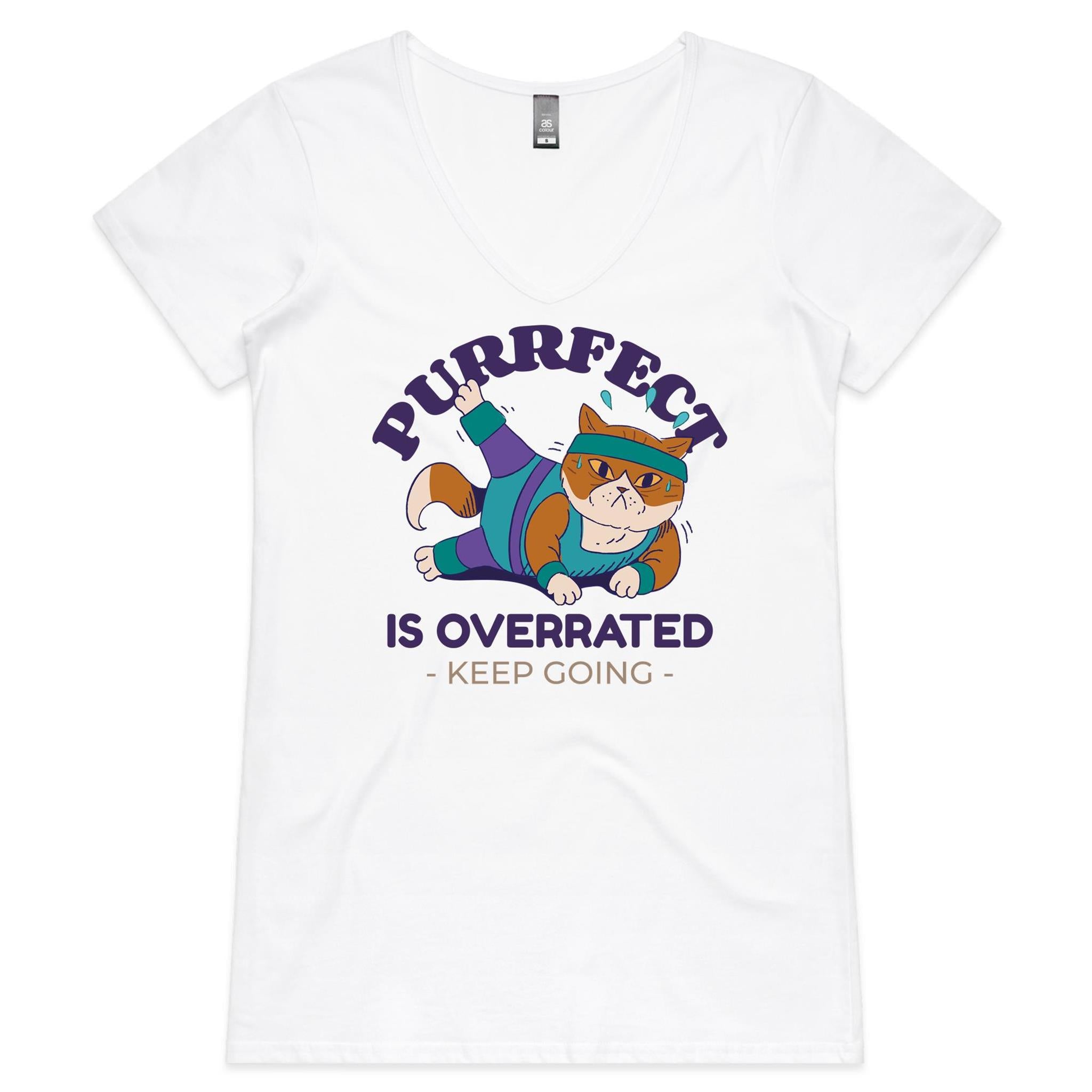 Purrfect Is Overrated, Fitness Cat - Womens V-Neck T-Shirt White Womens Active V-Neck T-shirt Fitness Printed In Australia