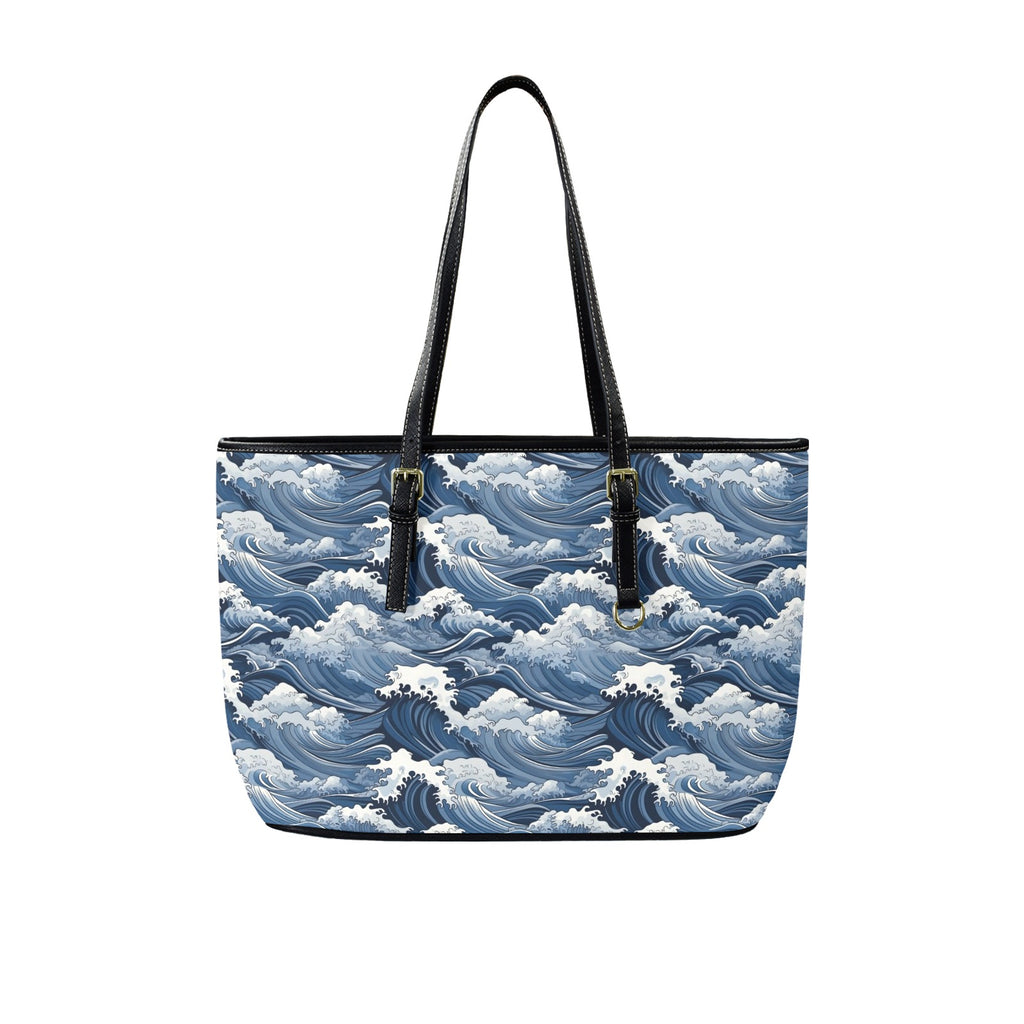 Japanese Waves PU Leather Tote Bag Large One Size Leather Tote Bag-Large Ocean Printed Offshore