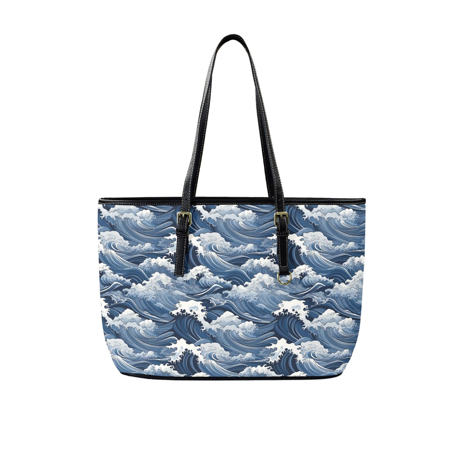 Japanese Waves PU Leather Tote Bag Large One Size Leather Tote Bag-Large Ocean Printed Offshore