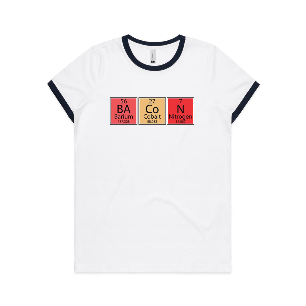 Bacon Periodic Table - Women's Ringer Tee White Navy Womens Ringer T-shirt Food Printed In Australia Science