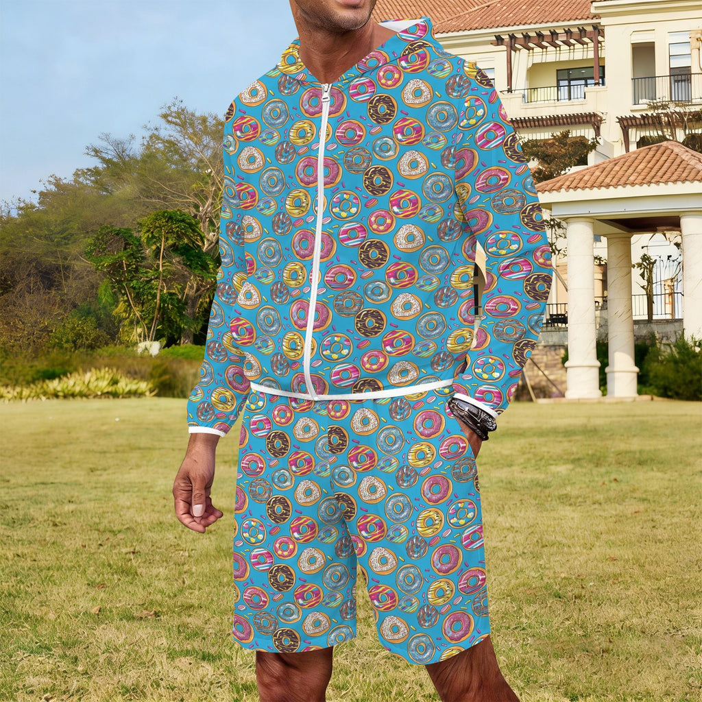 Doughnuts On Blue Men's Lightweight Sun Hoodie & Shorts Set Men's Lightweight Sun Hoodie & Shorts Food Printed Offshore