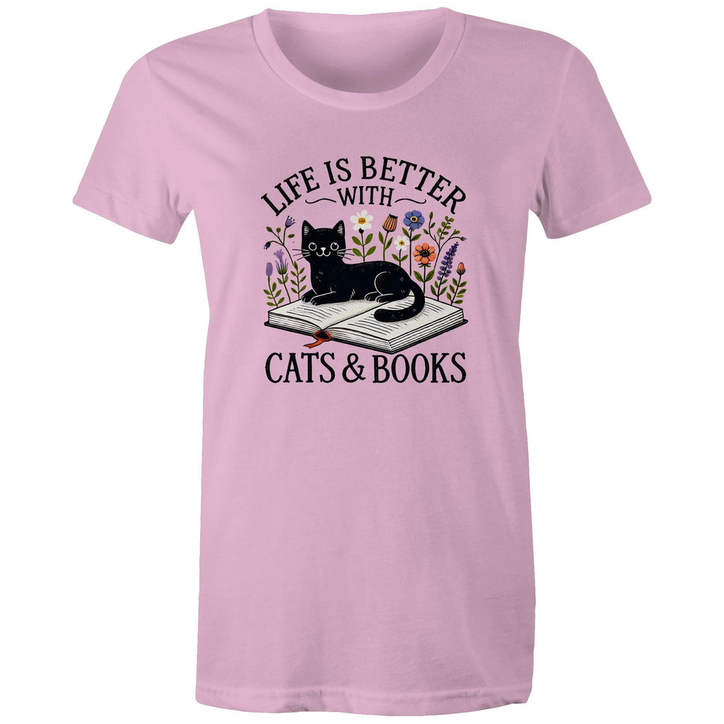 Life Is Better With Cats And Books - Womens T-shirt Pink Womens T-shirt animal Printed In Australia Reading