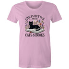 Life Is Better With Cats And Books - Womens T-shirt Pink Womens T-shirt animal Printed In Australia Reading