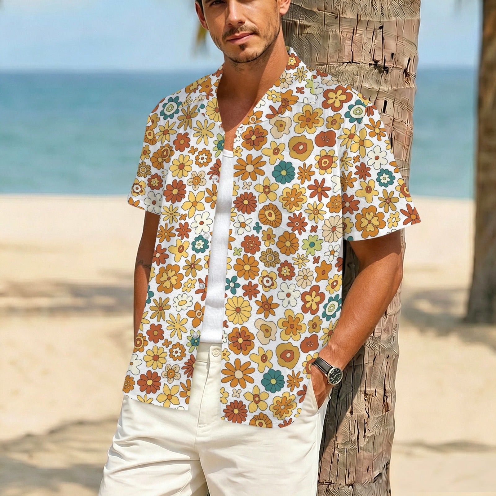 70's Style Floral Men's Crinkle Hawaiian Shirt
