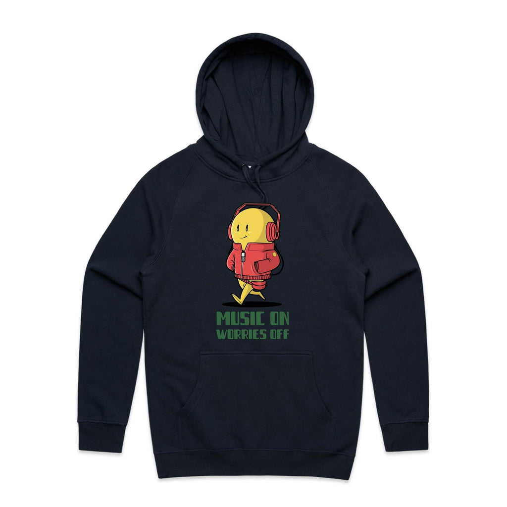Music On, Worries Off - Mens Hoodie Navy Mens Hoodie Music Printed In Australia