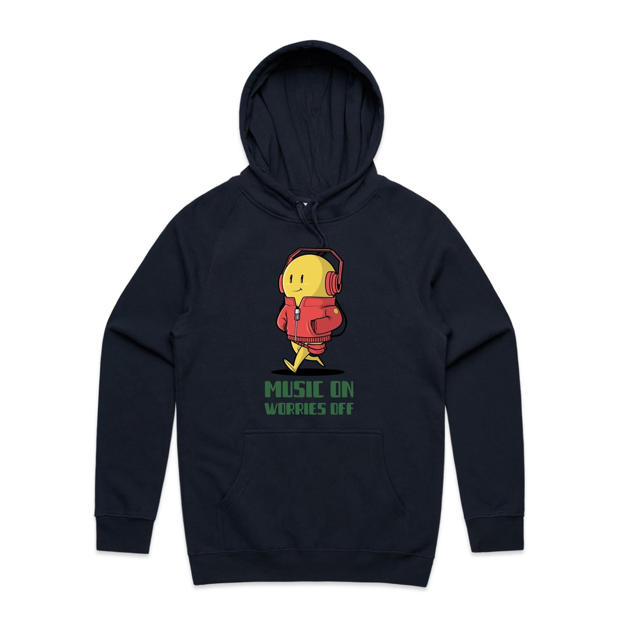 Music On, Worries Off - Mens Hoodie Navy Mens Hoodie Music Printed In Australia