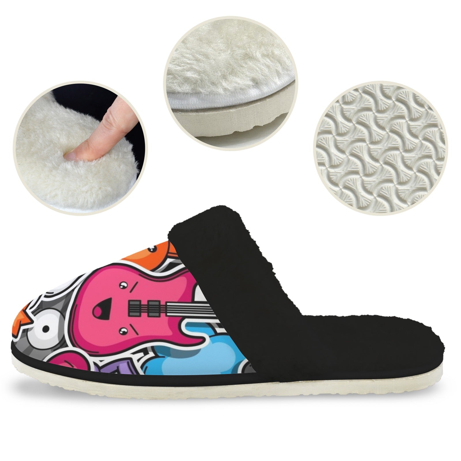 Sticker Music Men's Fur Trim Thick-Sole Indoor Slippers Men's Fur Trimmed Slippers Music Printed Offshore
