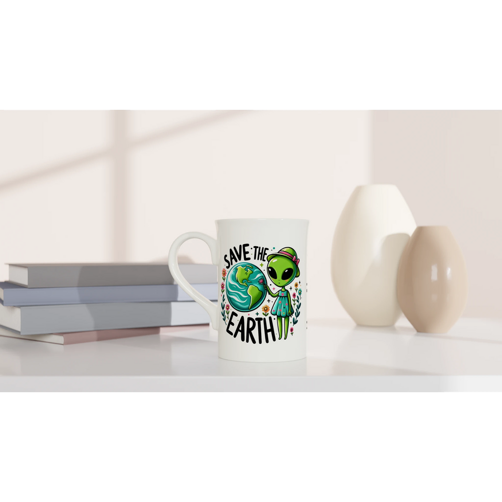 Personalised - Save The Earth, Alien - White 10oz Porcelain Slim Mug Personalised Porcelain Mug customise Environment Globally Fulfilled personalise Sci Fi