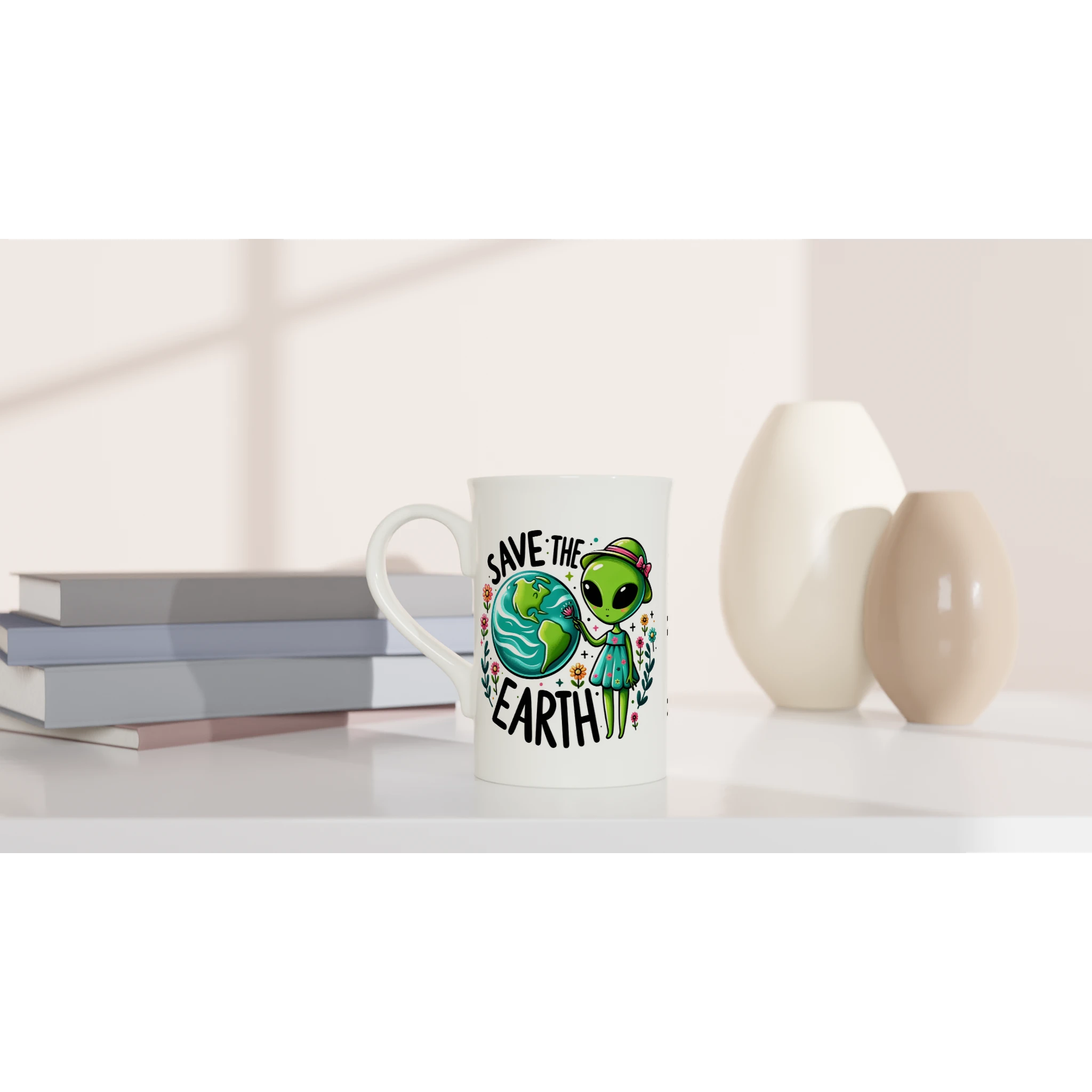 Personalised - Save The Earth, Alien - White 10oz Porcelain Slim Mug Personalised Porcelain Mug customise Environment Globally Fulfilled personalise Sci Fi